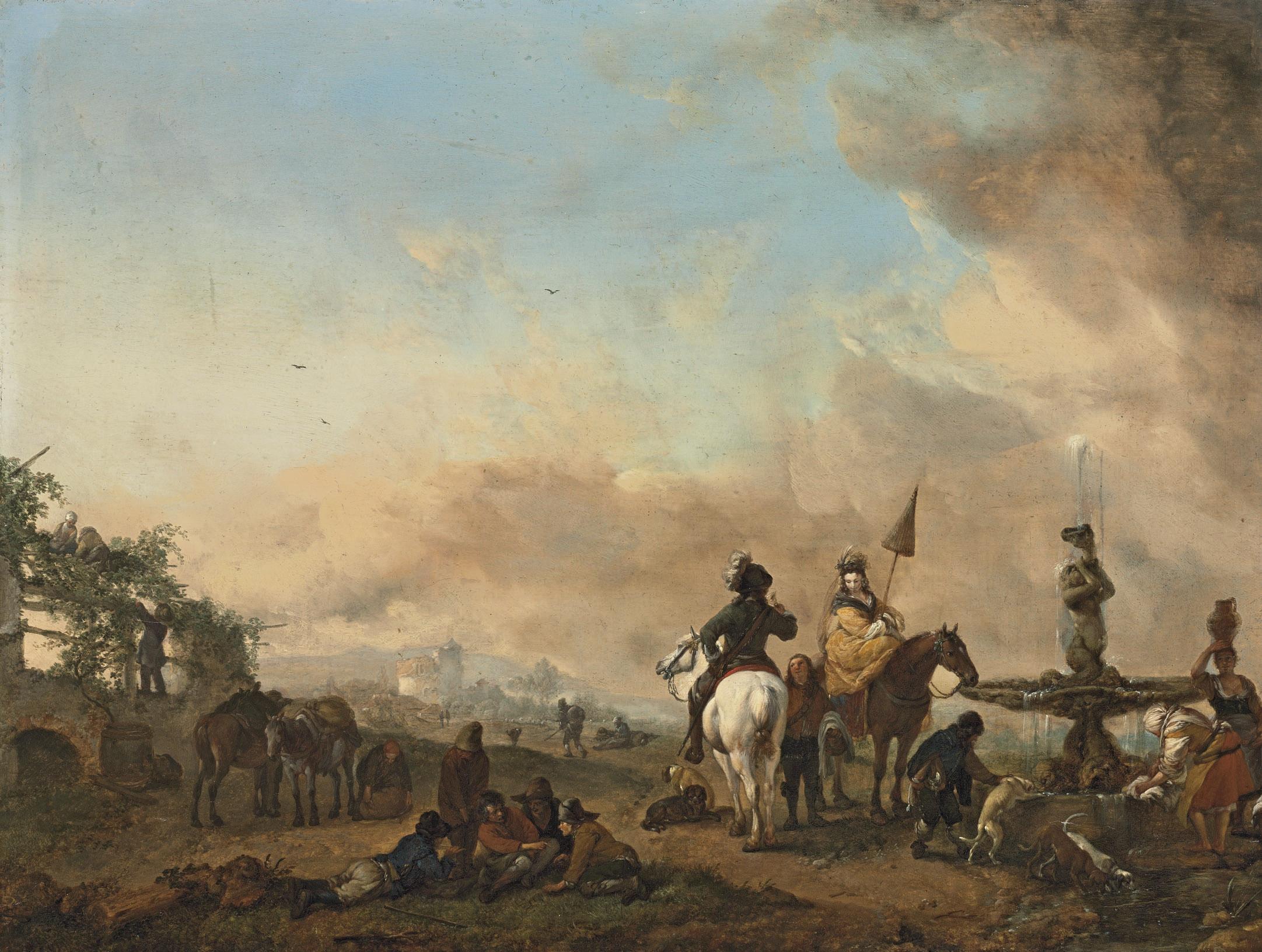 Philips Wouwerman - A hawking party resting by a fountain