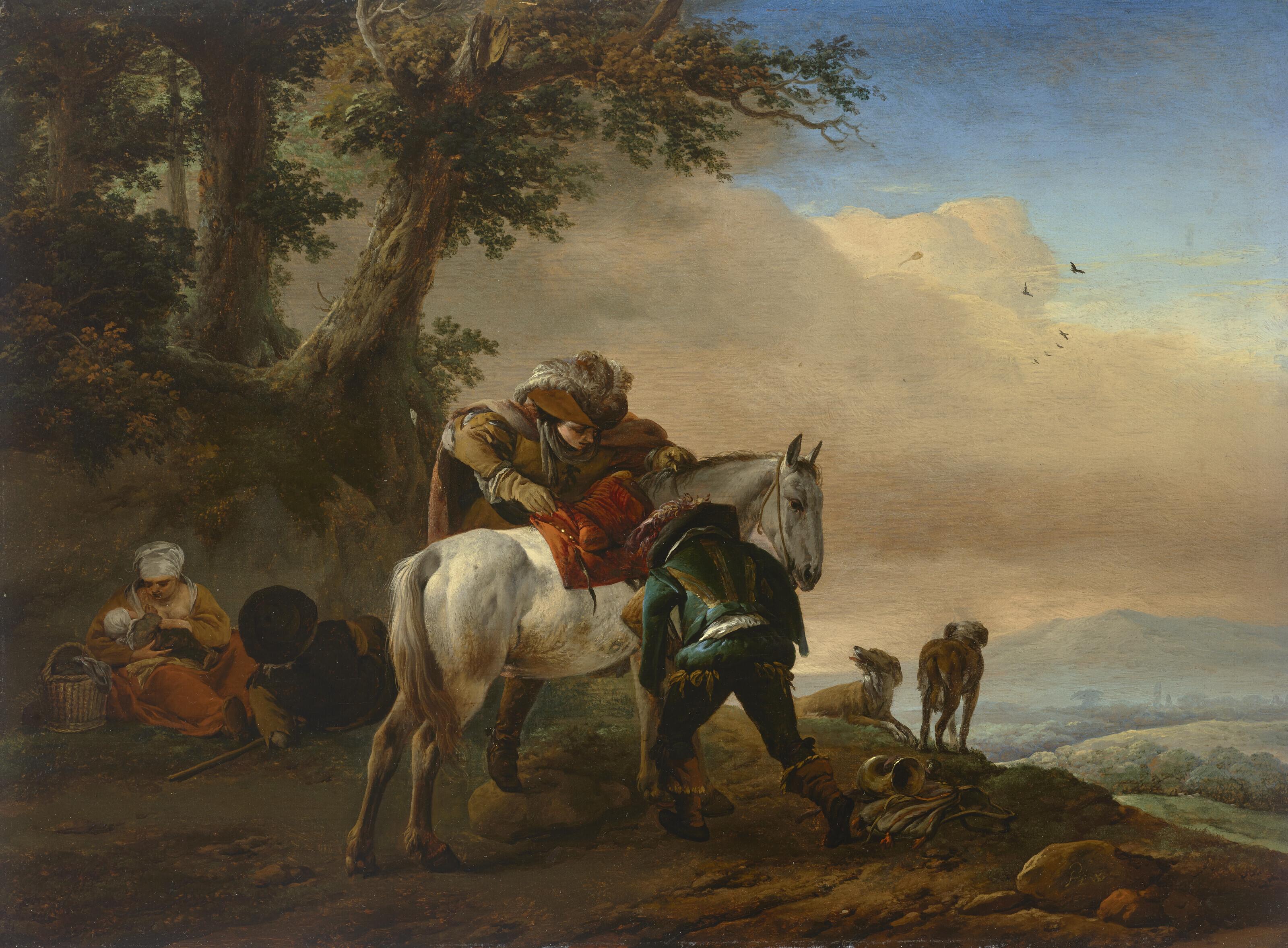 Philips Wouwerman - A Hunter Saddling His Horse And A Shepherd Family, An Extensive Landscape Beyond