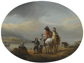 Philips Wouwerman - A Lady And A Gentleman On Horseback Being Shown To An Approaching Ferry By A Young Page