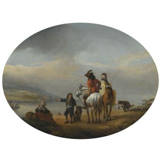 Philips Wouwerman - A Lady And A Gentleman On Horseback Being Shown To An Approaching Ferry By A Young Page