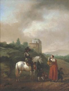 Philips Wouwerman - A Man On A White Horse Conversing With A Woman And Children On A Track, A House Beyond
