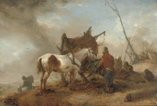 Philips Wouwerman - A peasant attending a horse in a dune landscape