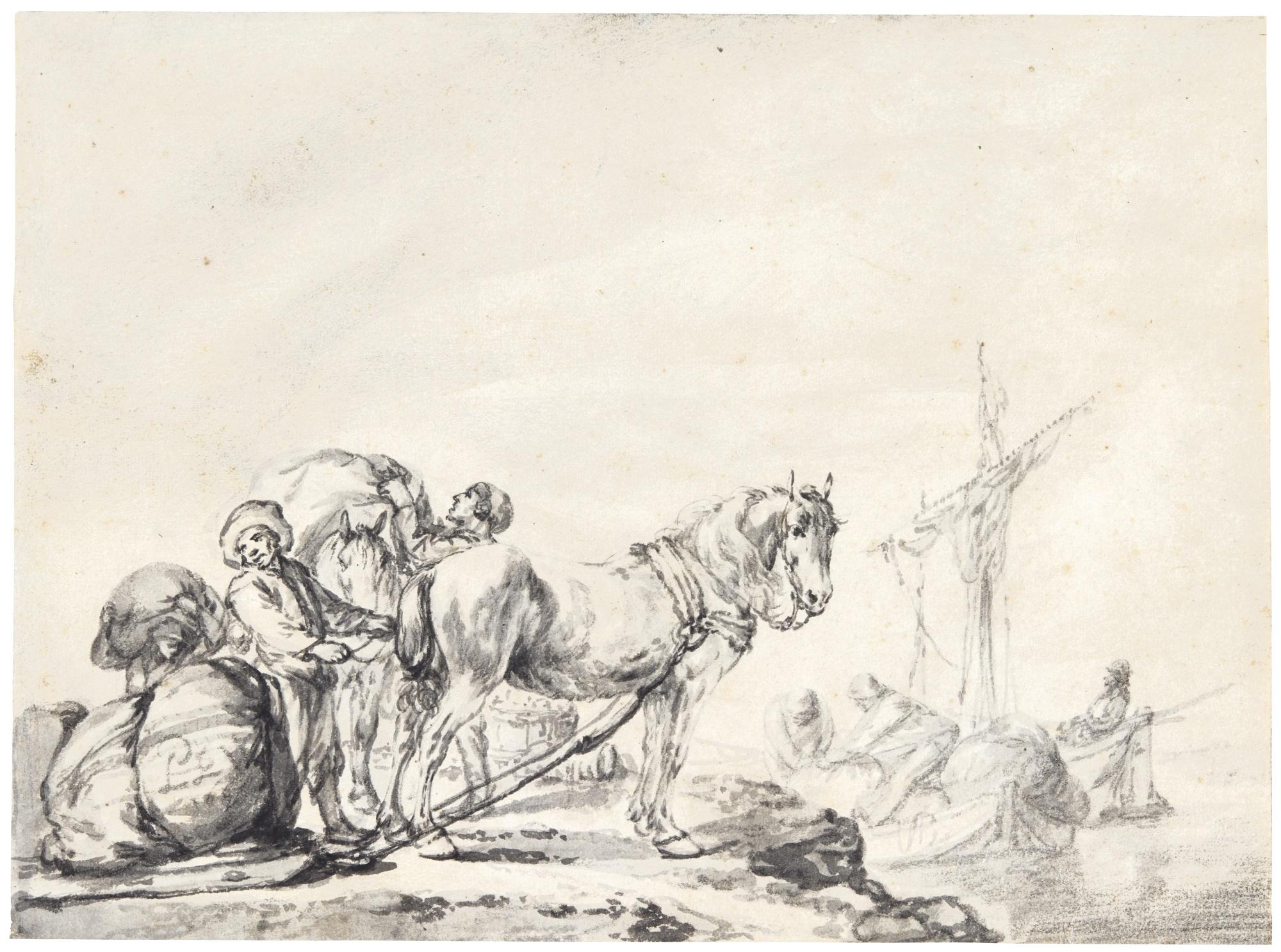 Philips Wouwerman - A Quayside Scene With Traders Unloading Goods