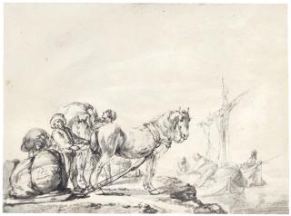 Philips Wouwerman - A Quayside Scene With Traders Unloading Goods