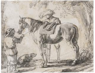 Philips Wouwerman - A Rider About To Mount A Piebald Horse, A Boy Holding The Bridle
