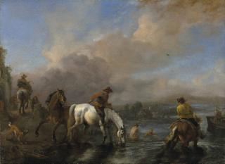 Philips Wouwerman - A river landscape with riders watering horses