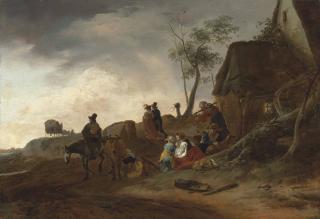 Philips Wouwerman - A wooded landscape with a traveller on horseback, a milkmaid and peasants by a cottage, an elegant couple and a carriage beyond