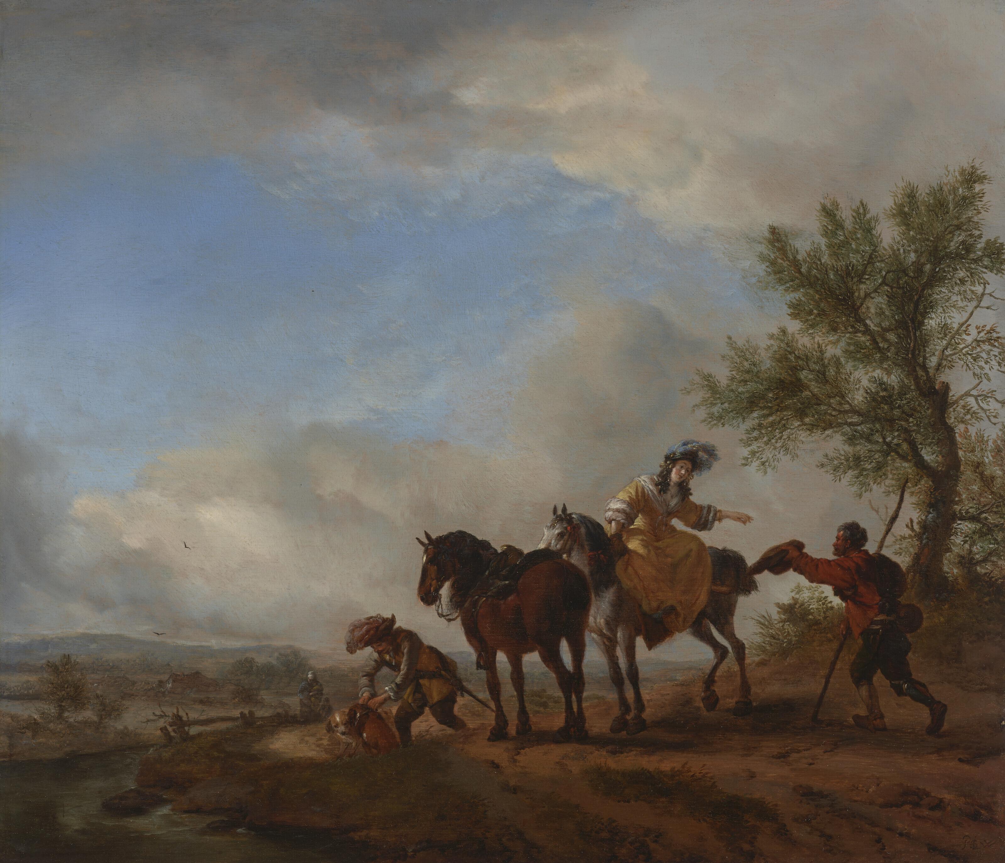 Philips Wouwerman - An elegant lady on horseback giving alms