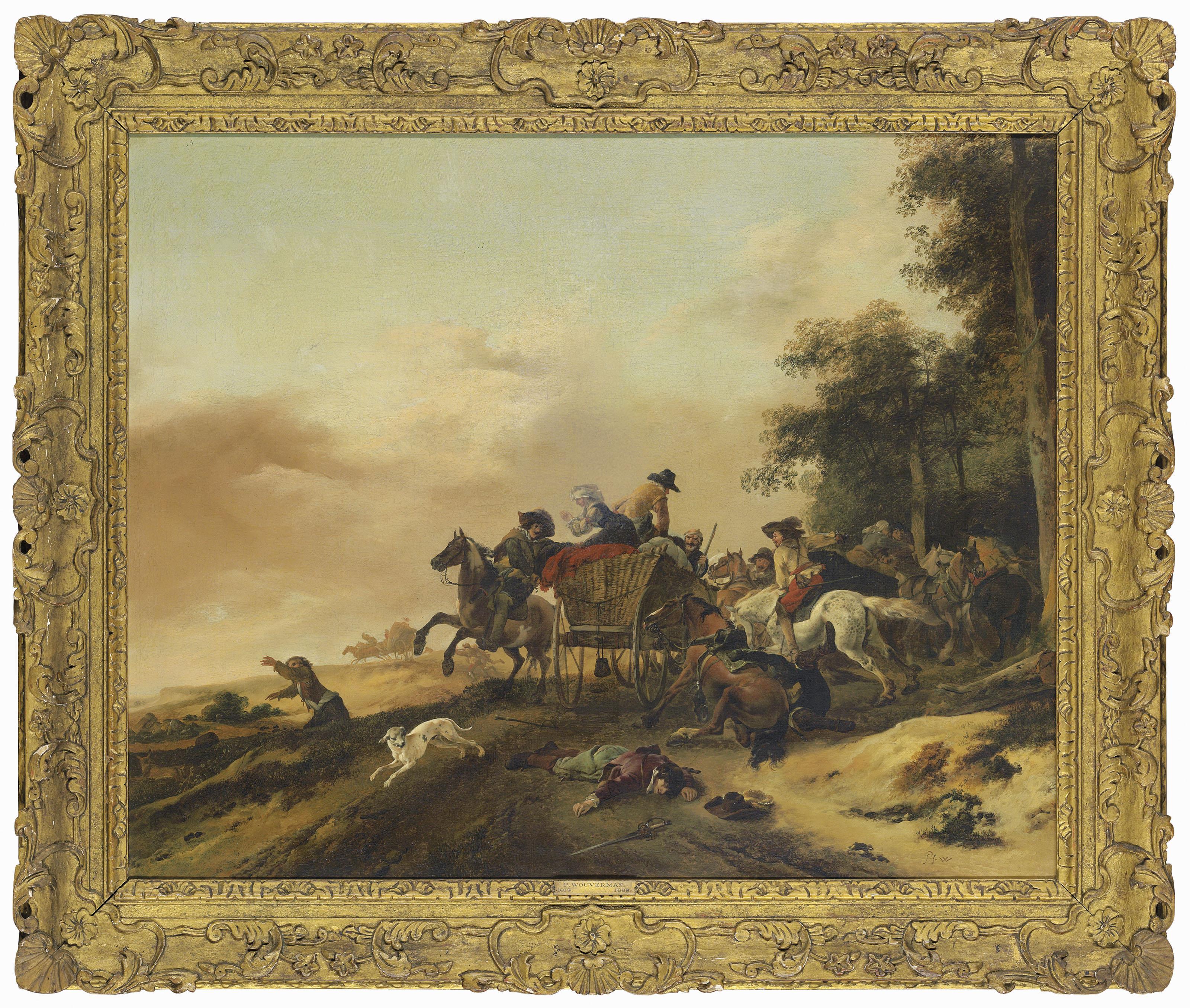 Philips Wouwerman - Bandits ambushing travellers in a wagon