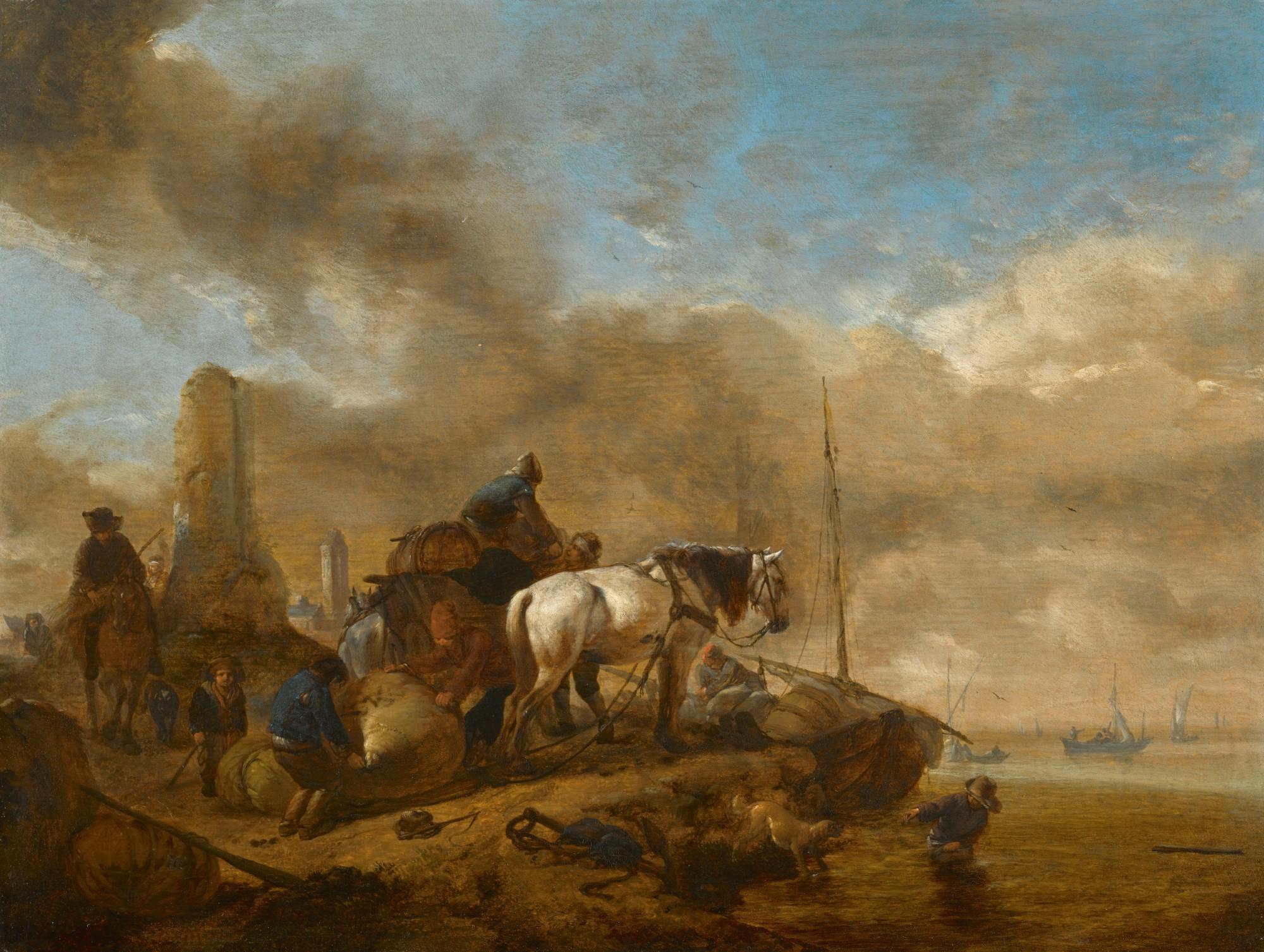Philips Wouwerman - Figures And Horses On The Shore, With Sailing Boats Beyond
