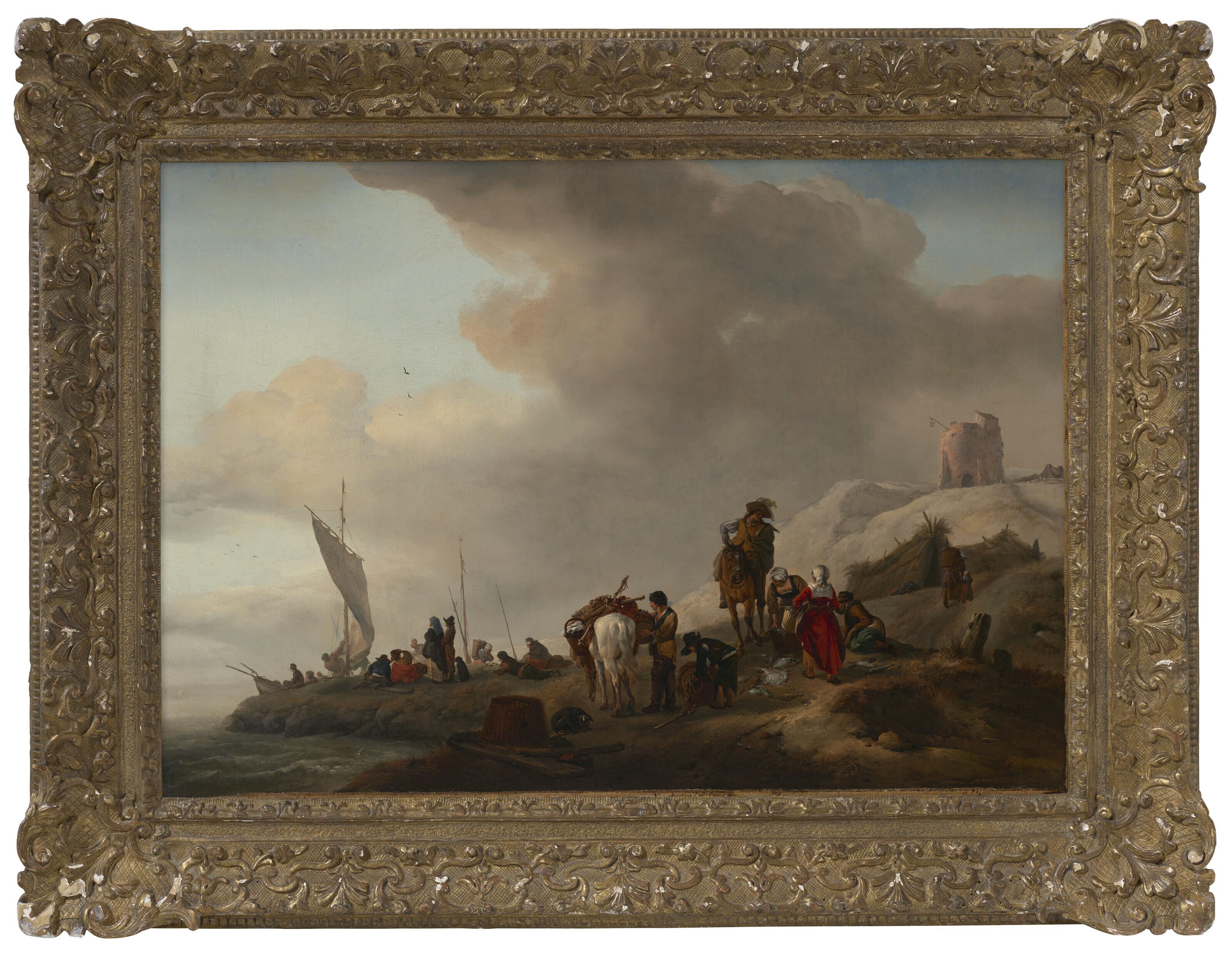 Philips Wouwerman - Fisherfolk unloading their catch on the seashore