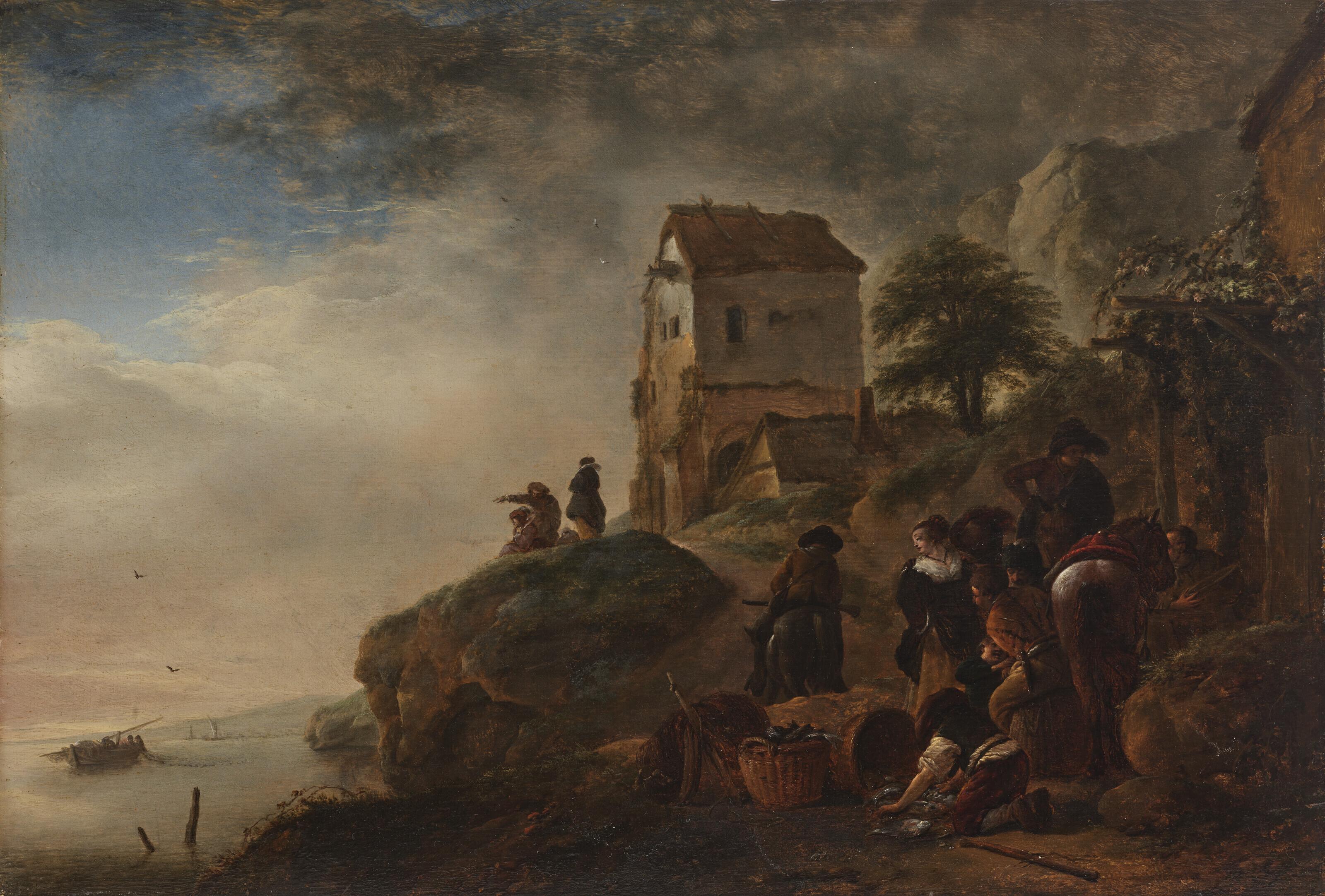 Philips Wouwerman - Fishermen displaying their catch on a rocky coast