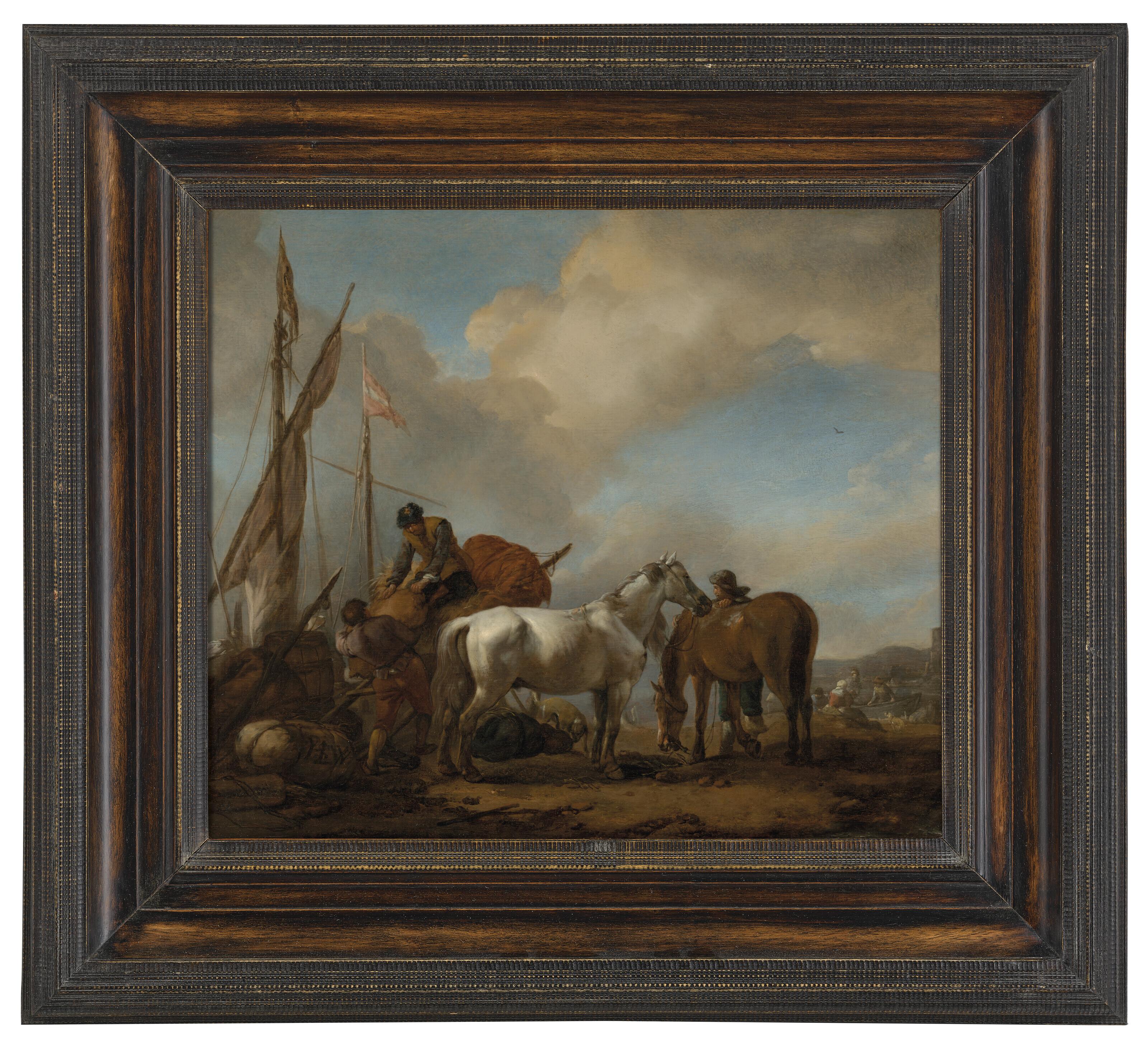 Philips Wouwerman - Horses in a landscape with figures loading bales onto a boat