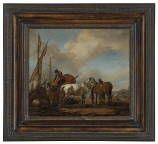 Philips Wouwerman - Horses in a landscape with figures loading bales onto a boat