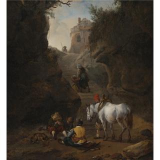 Philips Wouwerman - Peasants Playing Cards By A White Horse In A Rocky Gully