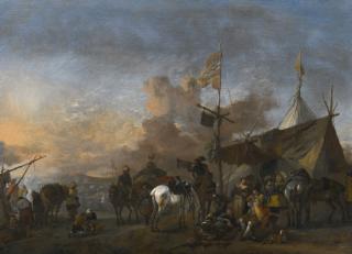 Philips Wouwerman - Soldiers And Other Figures By A Sutler\'S Tent, A Battlefield Beyond