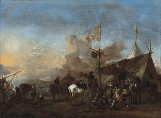 Philips Wouwerman - Soldiers and other figures by a sutler\'s tent, a battlefield beyond