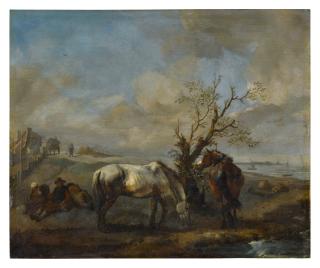 Philips Wouwerman - Two Horses Resting By A Tree And A Stream, With Seated Travelers Nearby