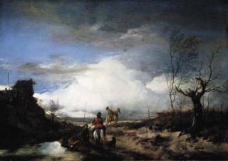 Philips Wouwerman - Two men hawking in an extensive landscape