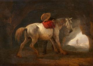 Philips Wouwerman - Weißes Pferd und Mann in einer Felsgrotte