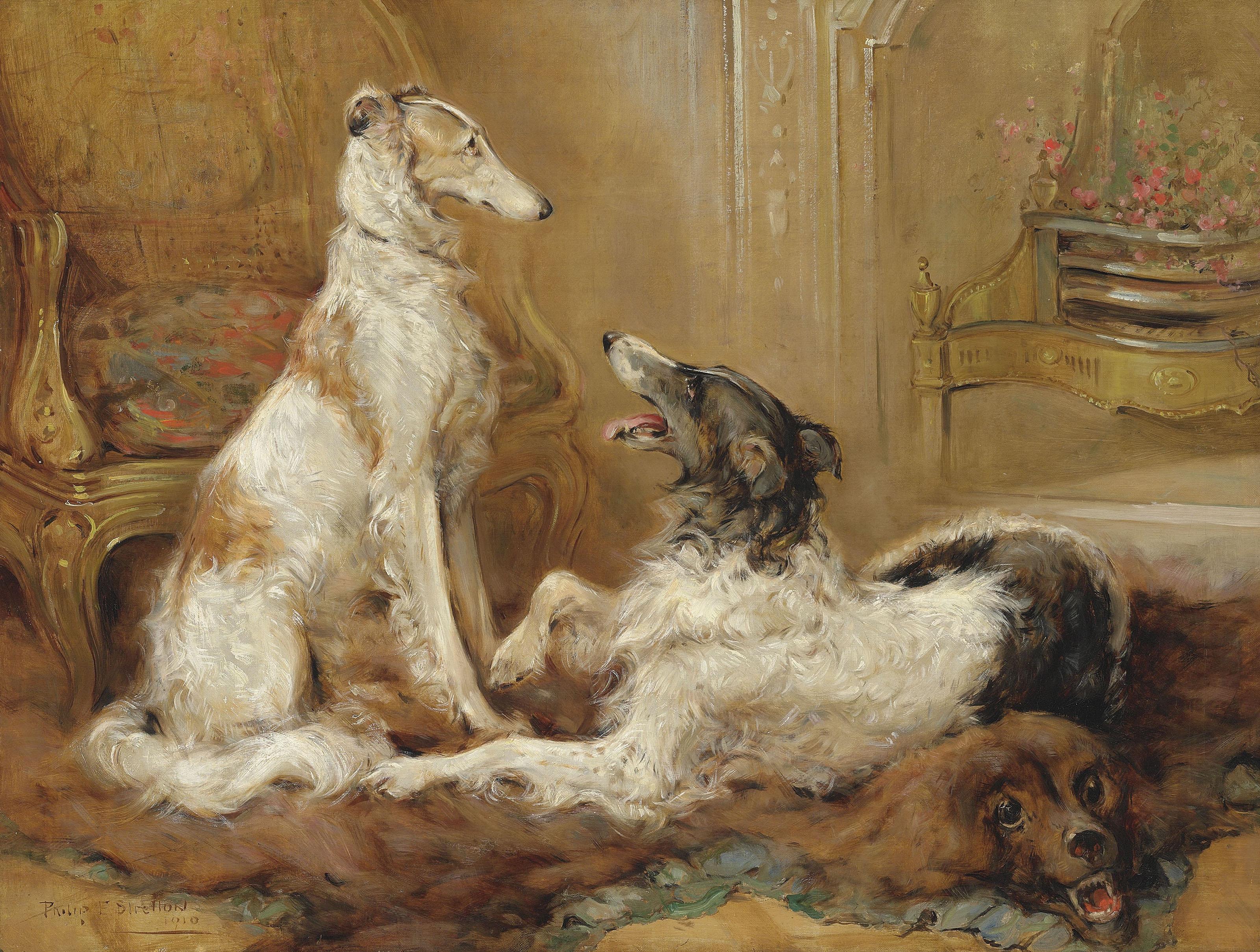 Phillip Eustace Stretton, R.O.I. - Two Borzois in an Interior sitting on a Bearskin Rug