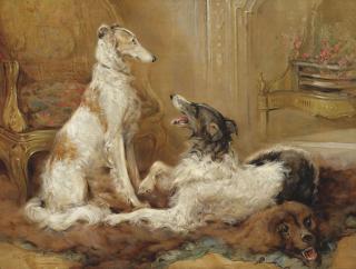 Phillip Eustace Stretton, R.O.I. - Two Borzois in an Interior sitting on a Bearskin Rug