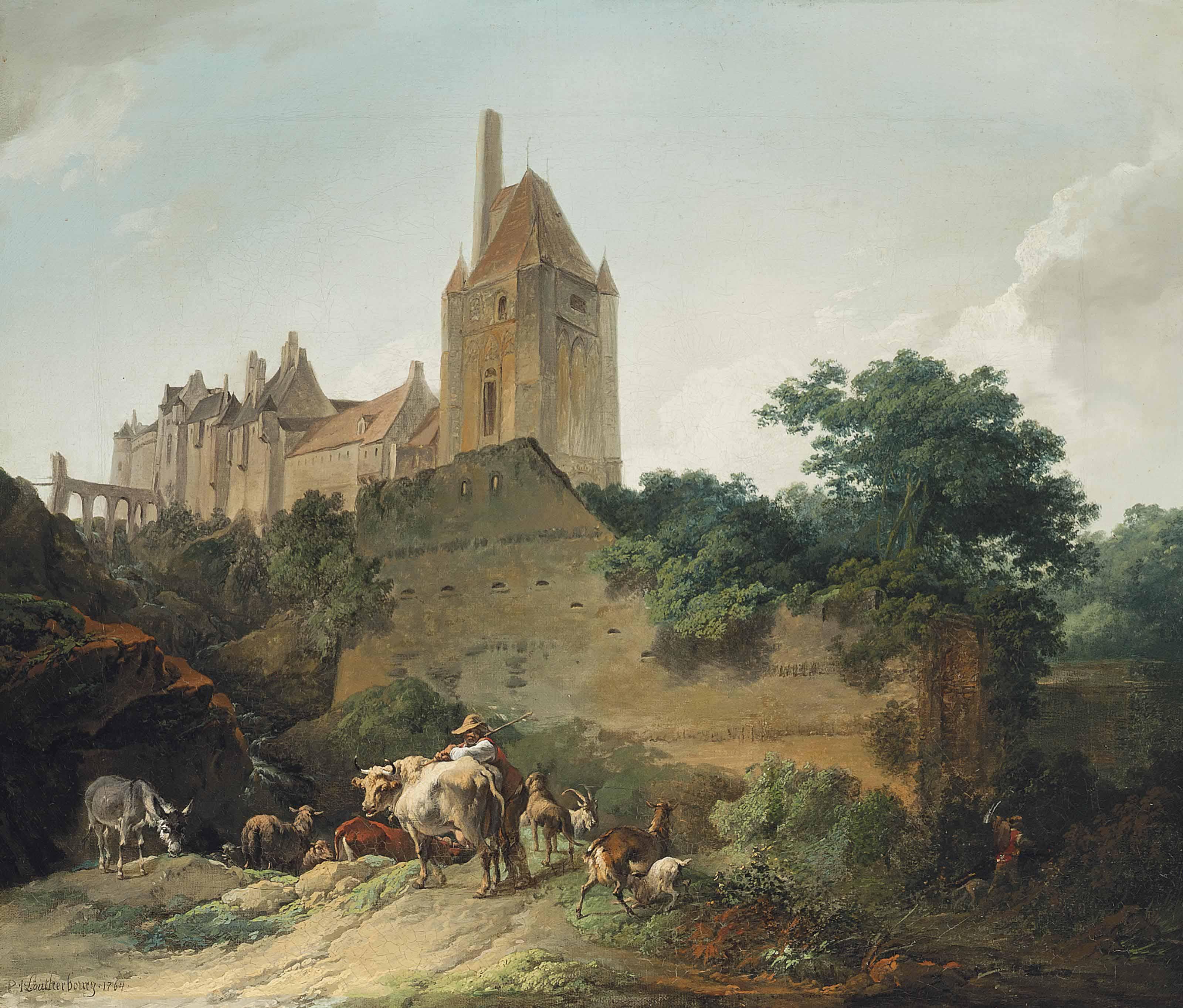 Phillippe Jacques De Loutherbourg, R.A. - A view of a castle with a herdsman, his sheep, goats and a donkey