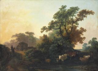 Phillippe Jacques De Loutherbourg, R.A. - A Wooded Landscape With Cattle In A Stream And Figures By A Waggon On A Track