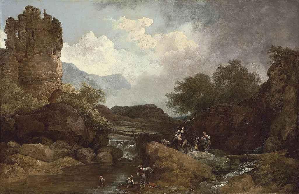 Phillippe Jacques de Loutherbourg, R.A. - A wooded river landscape, with a ruin and travellers