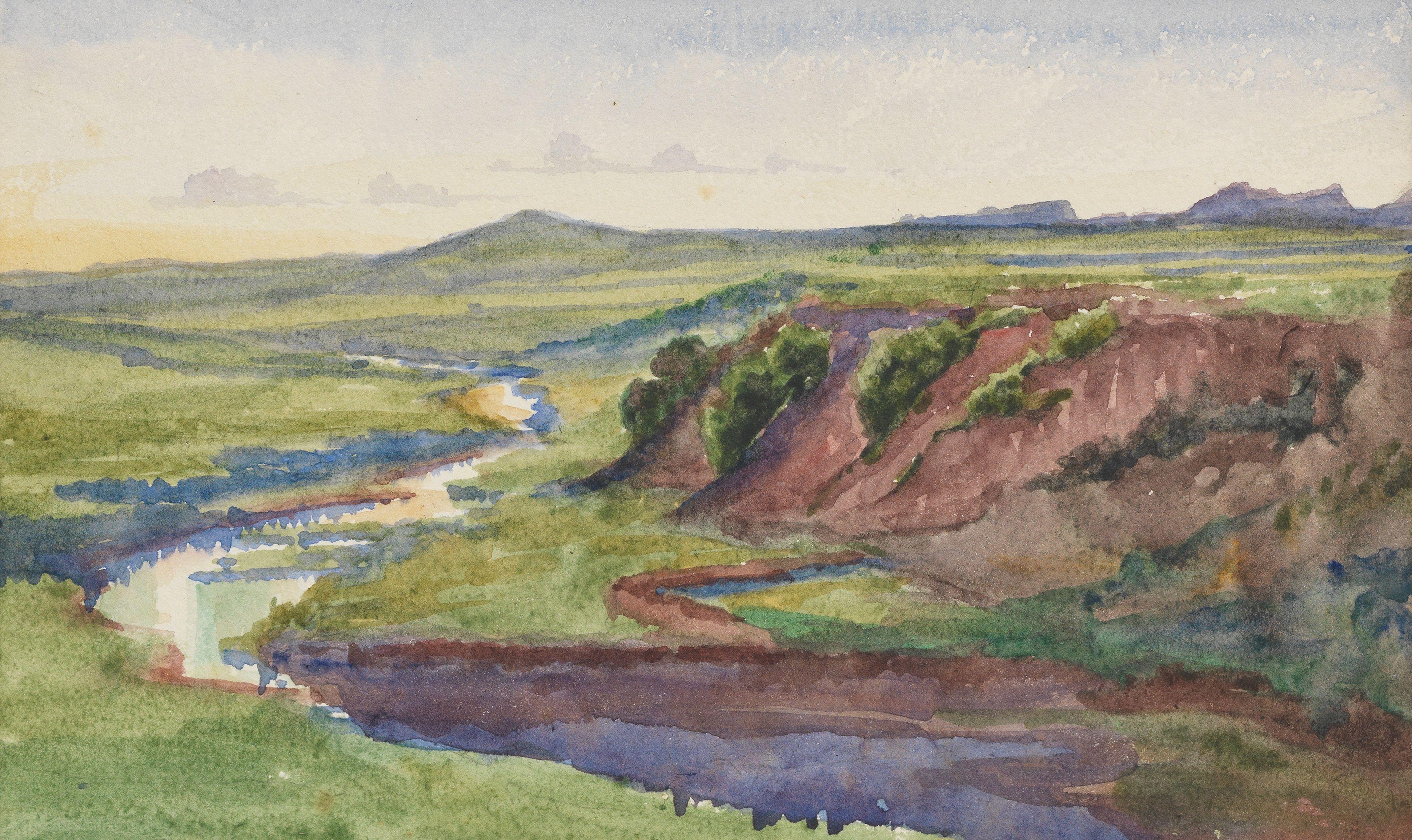 Phoebe Anna Traquair HRSA - Miscellaneous landscapes, most in watercolour, Scottish, South African and Irish views, some initialled, some mounted in twos, unframed (13) overall mount size 36 x 28 cm. (14 3/16 x 11 in.)