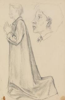 Phoebe Anna Traquair HRSA - Miscellaneous studies on paper to include altar boy; Crucifixion in watercolour; wrought iron grille in ink; and miscellaneous hands and eyes (most mounted in twos) size of mount 36 x 28 cm. (14 3/16 x 11 in.)