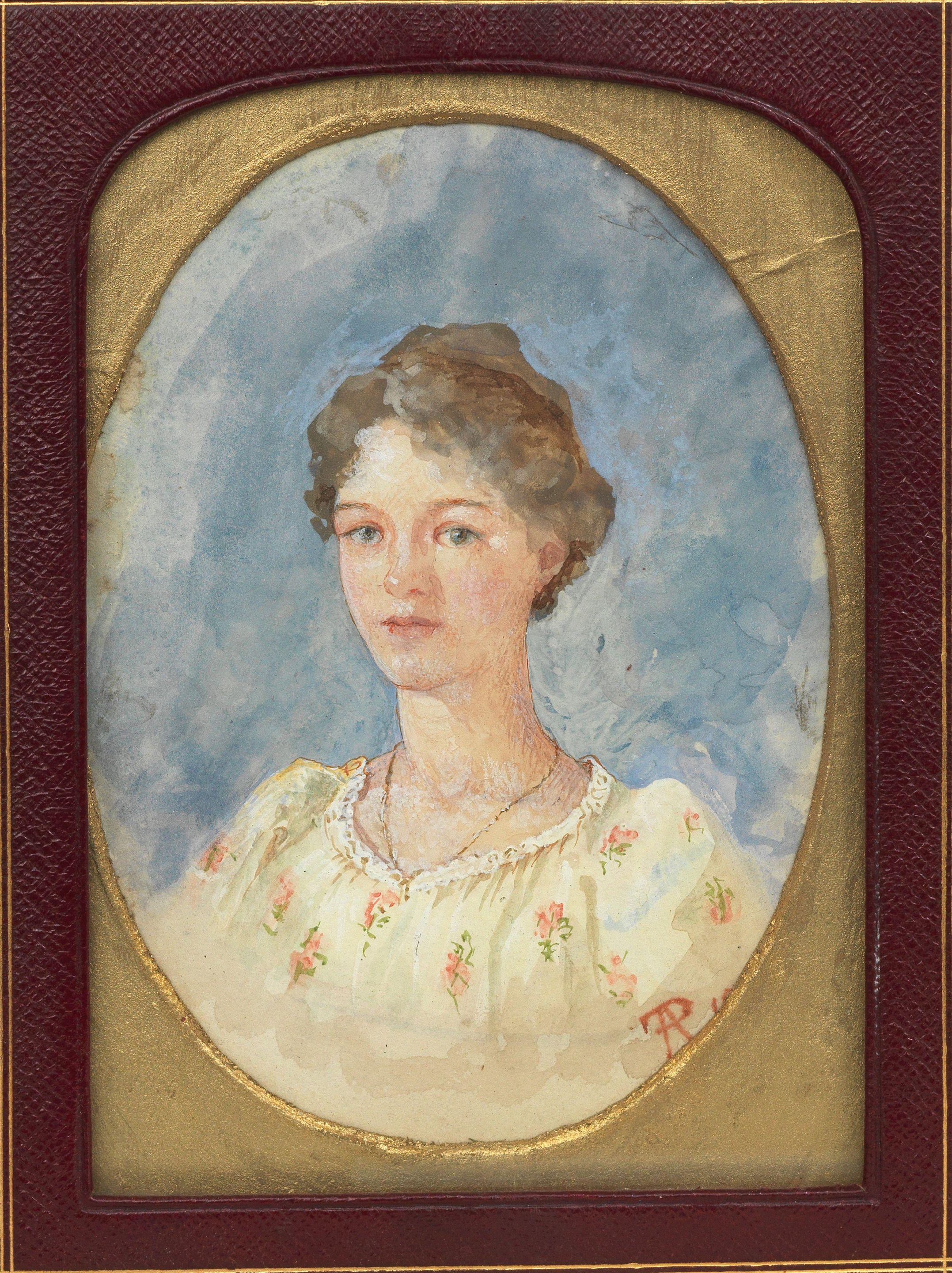 Phoebe Anna Traquair HRSA - Portrait of a young woman, in a floral dress (possibly Hilda)