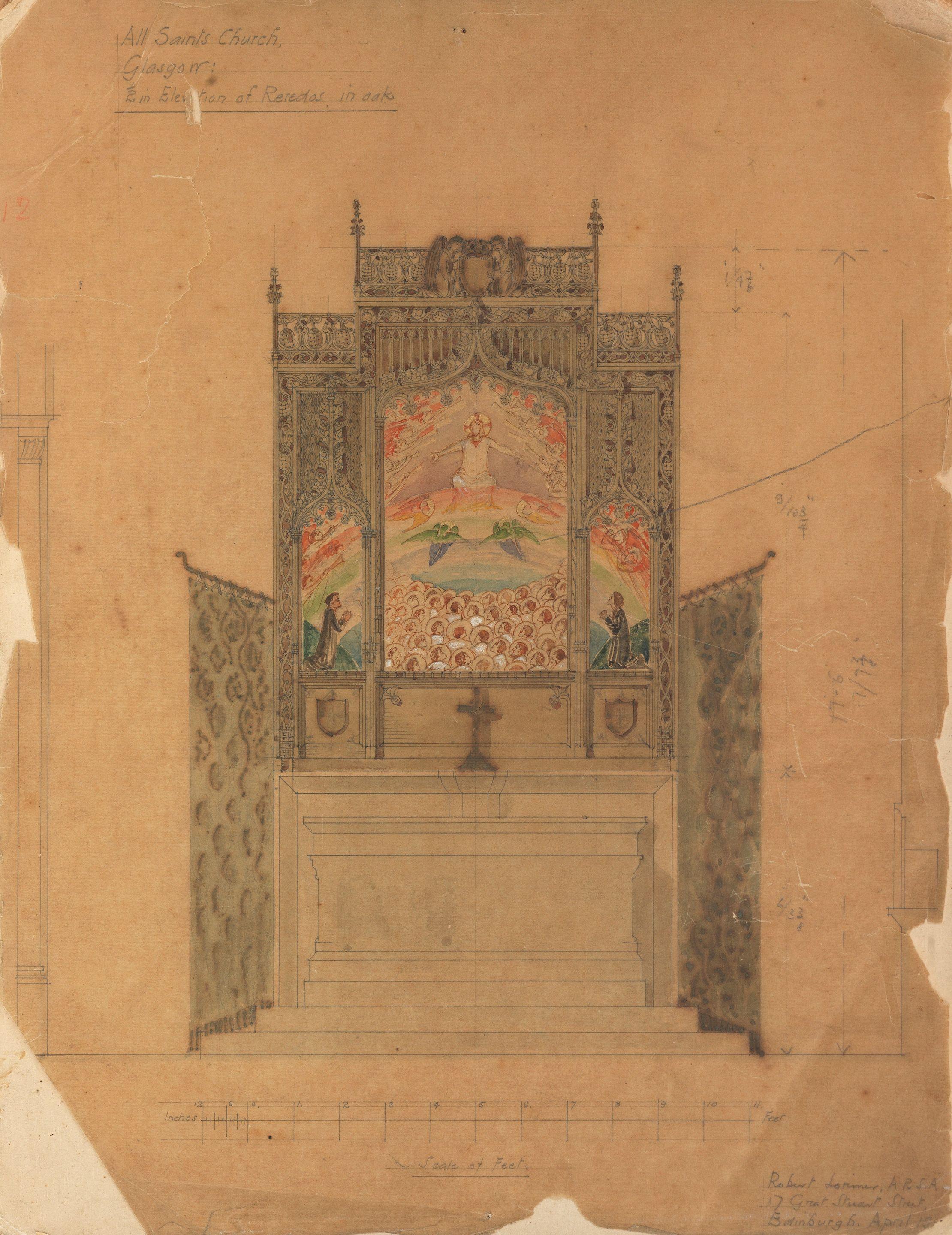 Phoebe Anna Traquair HRSA - Study for Elevation of raredos in oak for All Saints Church, Glasgow (Robert Lorimer Studio noted lower right)