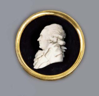 Piat Joseph Sauvage - A gentleman in profile to the left, in jacket with large collar, waistcoat and frilled cravat, hair en queue; and two putti with laurel crowns beside a plaque with initials DJB and a burning altar inscribed \'A L\'AMITÉ\'