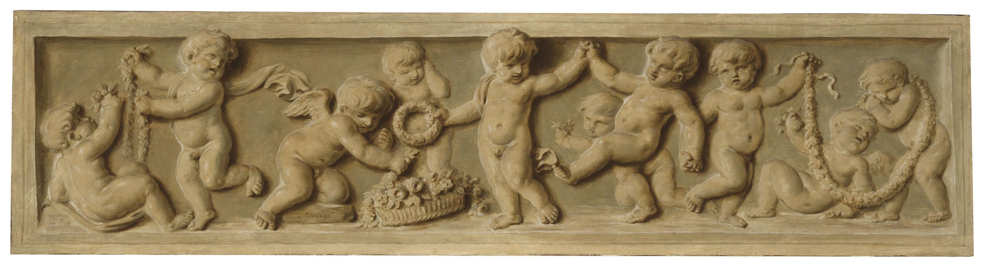 Piat-Joseph Sauvage - A trompe l’oeil bas-relief of putti with a basket and garlands of flowers
