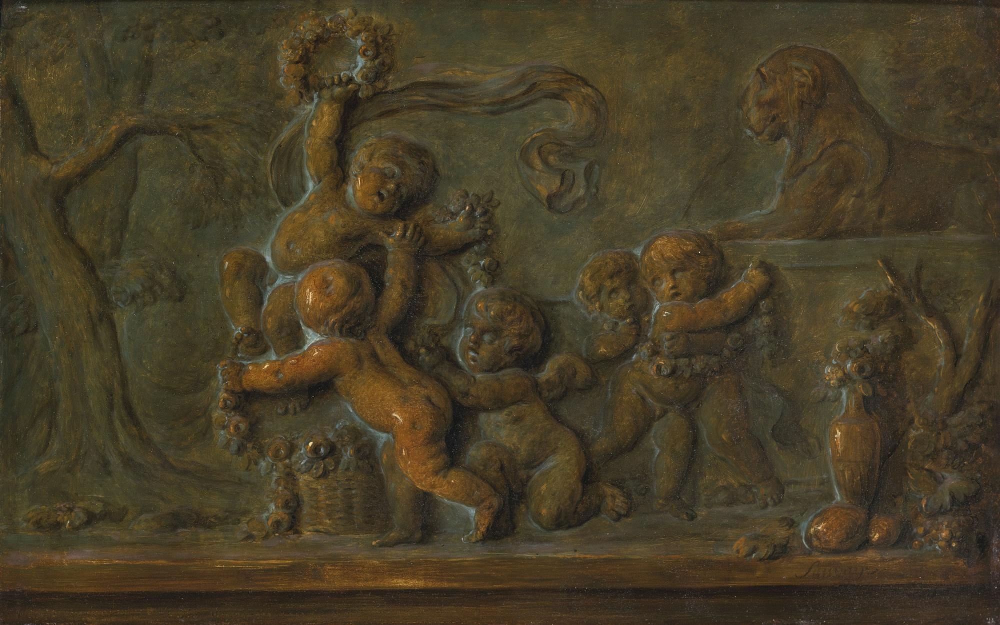Piat-Joseph Sauvage - Putti Playing With A Garland Of Flowers: A Trompe-L\'Oeil Of A Bronze Bas-Relief
