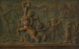 Piat-Joseph Sauvage - Putti Playing With A Garland Of Flowers: A Trompe-L\'Oeil Of A Bronze Bas-Relief