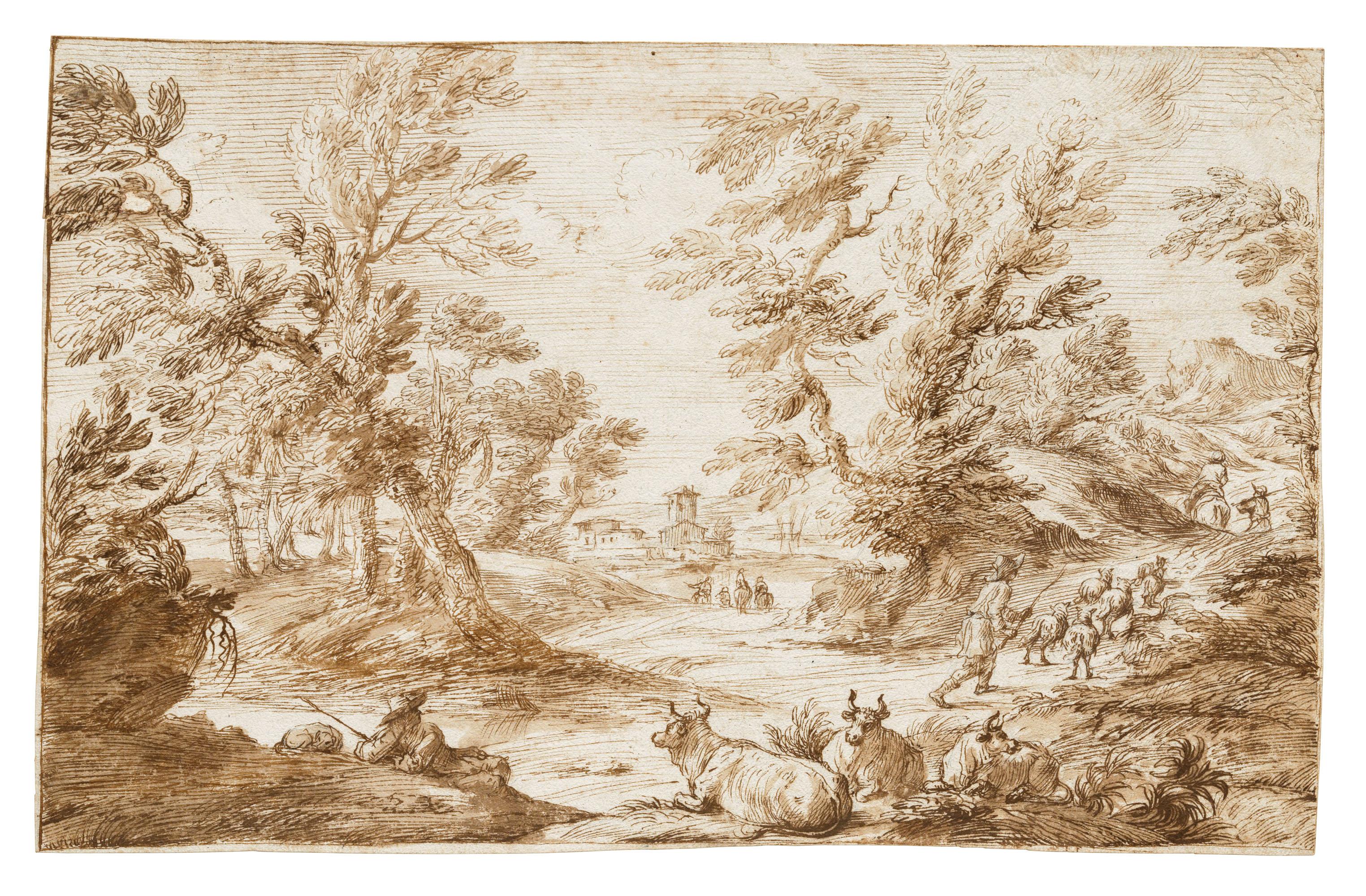 Pier Francesco Cittadini - A cowherd resting with his animals by a road, a shepherd and other animals beyond