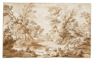 Pier Francesco Cittadini - A cowherd resting with his animals by a road, a shepherd and other animals beyond