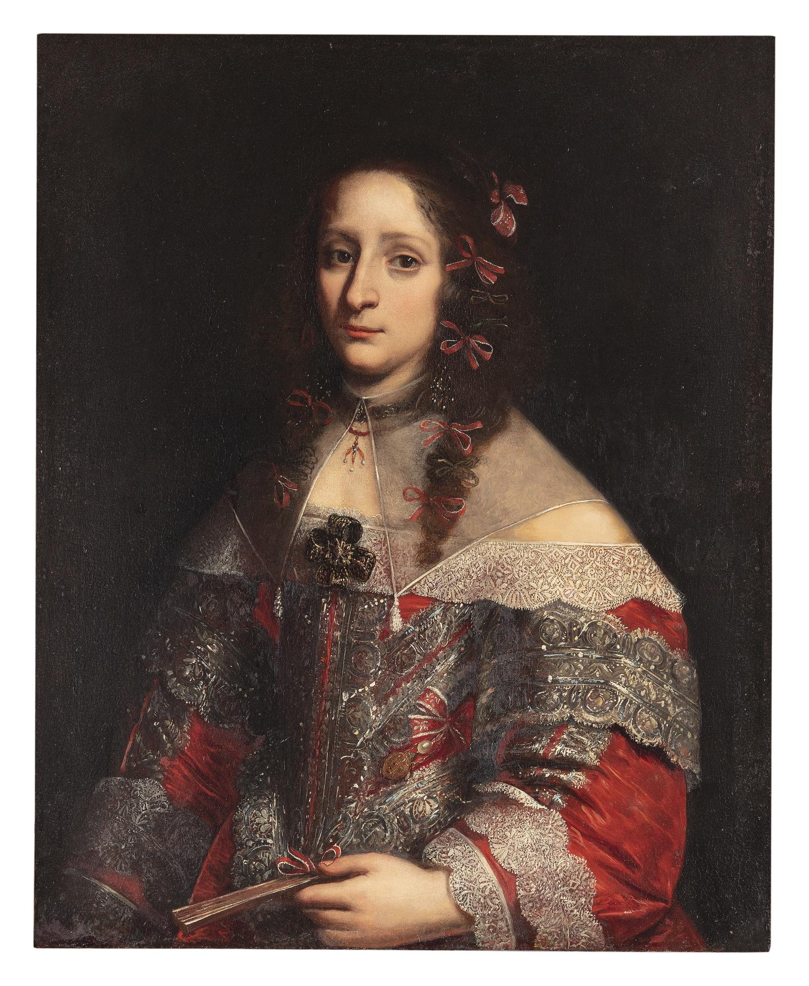 Pier Francesco Cittadini - Portrait Of A Lady, Three-Quarter Length, In An Elaborately Decorated Silk Red Dress With White Lace And A Sheer Falling Collar
