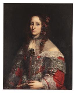 Pier Francesco Cittadini - Portrait Of A Lady, Three-Quarter Length, In An Elaborately Decorated Silk Red Dress With White Lace And A Sheer Falling Collar