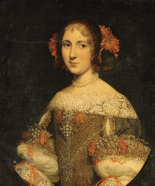 Pier Francesco Cittadini - Portrait of A Young Lady, Three-Quarter-Length, In An Embroidered And Jeweled Dress With Pink Ribbons In Her Hair