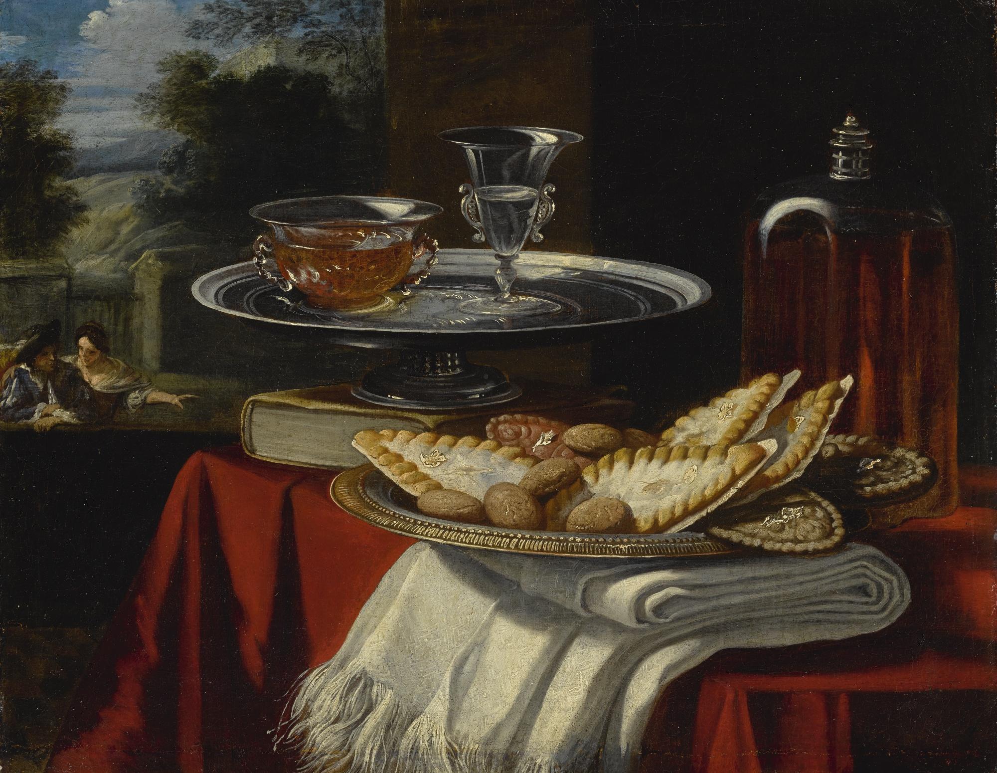 Pier Francesco Cittadini - Still Life Of A Silver Tray With Sweets Upon A Folded White Cloth, A Silver Tray Beyond It With Two Crystal Glasses Upon It, All On A Table Draped With A Red Cloth, A Window With A Landscape And Two Figures Beyond
