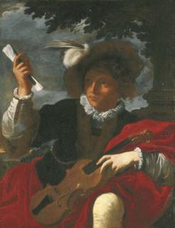 Pier Francesco Mola - A boy in a plumed hat holding a violin and a sheet of music