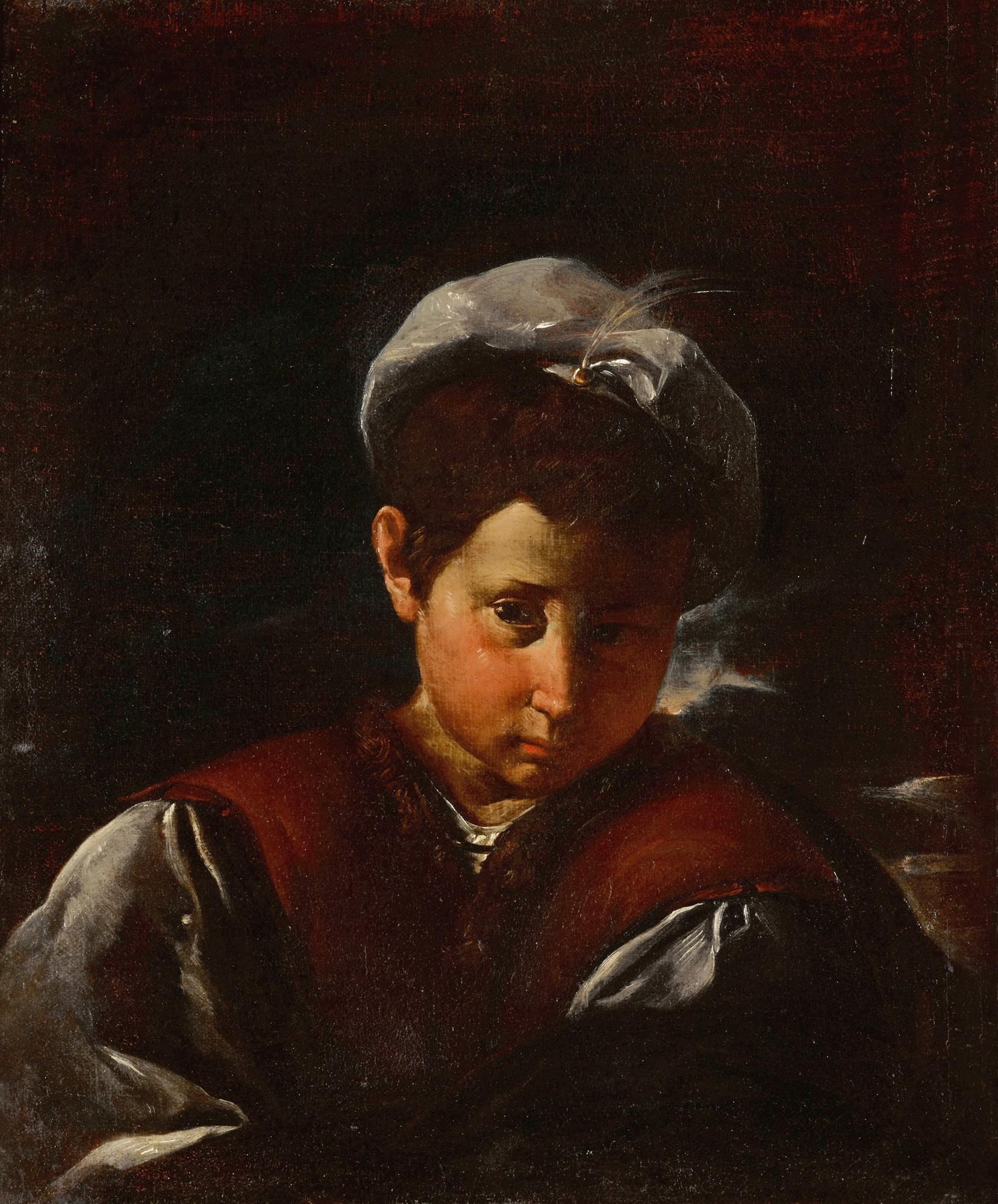 Pier Francesco Mola - Portrait of a boy, head and shoulders, in a red doublet and white cap