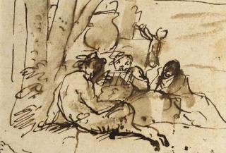 Pier Francesco Mola - Satyres allongés près d\'un arbre, l\'un jouant de la flûte de pan