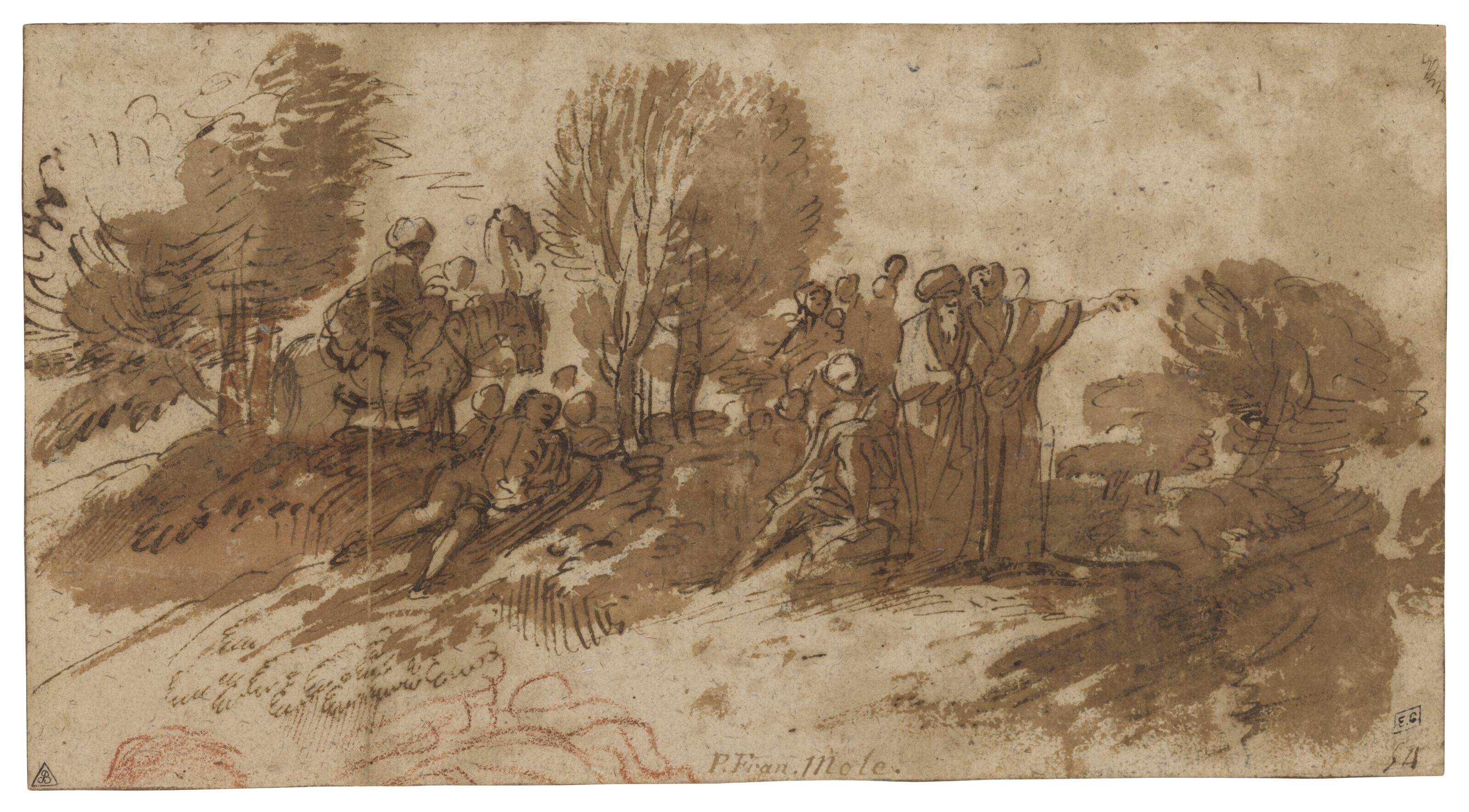 Pier Francesco Mola - Voyageurs orientaux s\'arrêtant près d\'un bosquet d\'arbres (recto) ; Esquisse architecturée (verso)