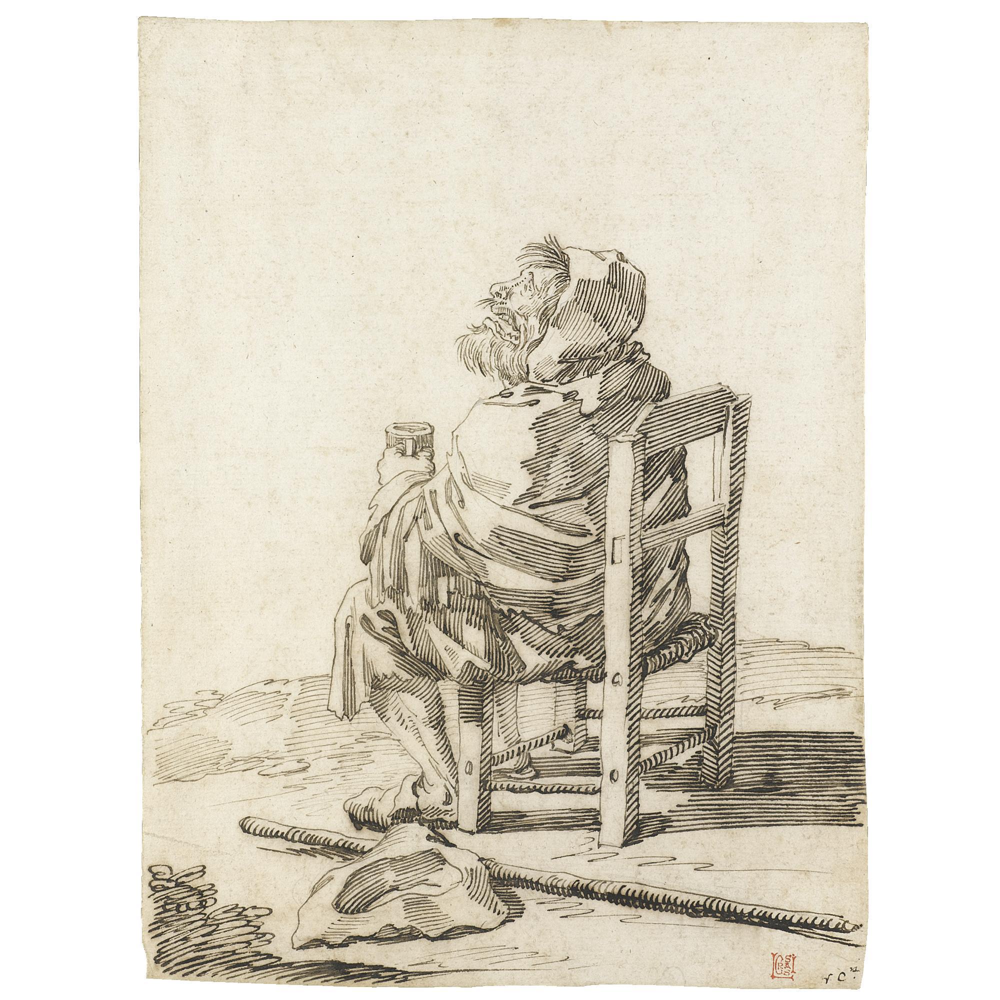 Pier Leone Ghezzi - Caricature Of A Seated Beggar, Seen In Profile, Holding A Mug