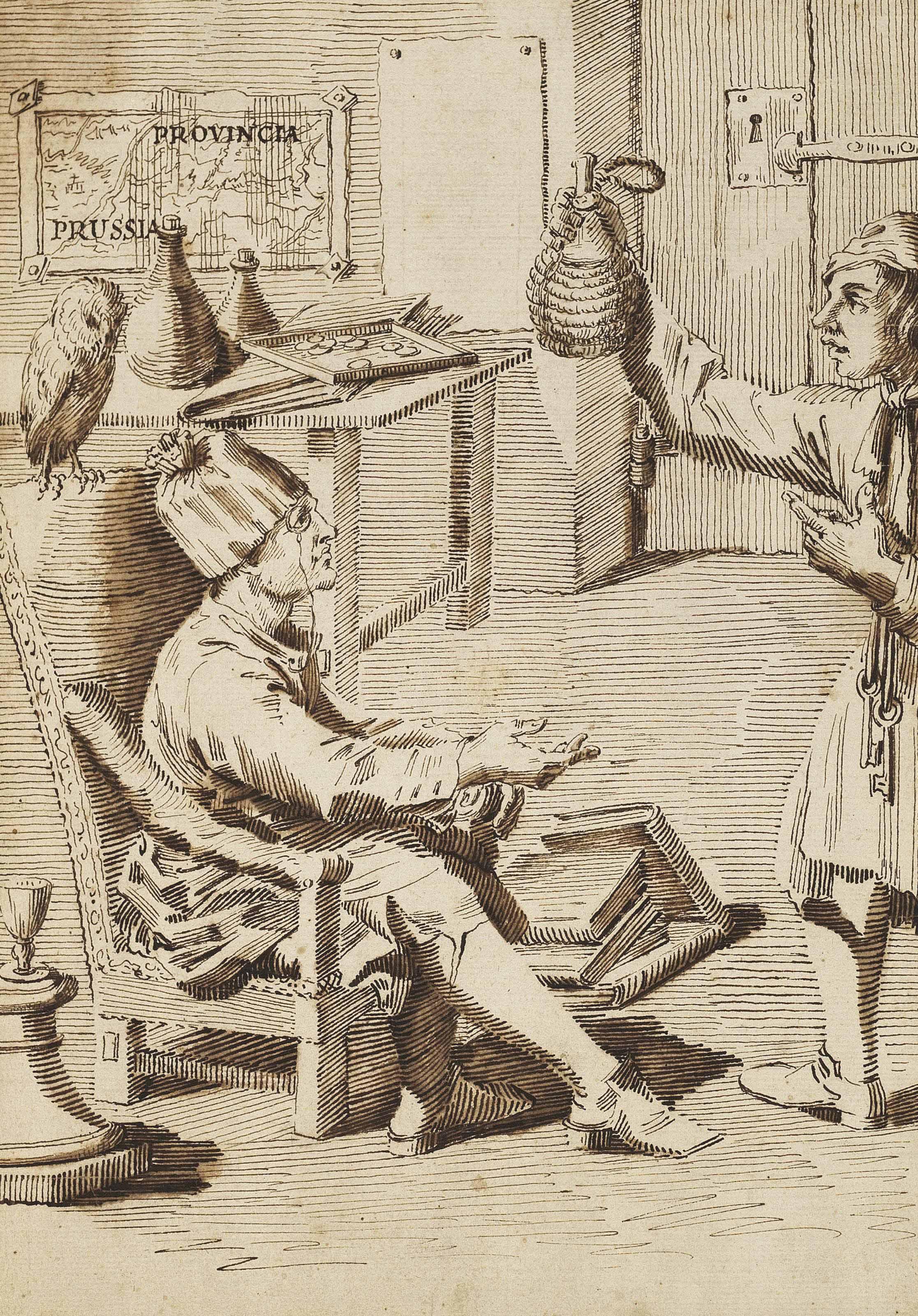 Pier Leone Ghezzi - Portrait of Baron Philipp von Stosch (1691-1757) in his study with a servant holding a flask