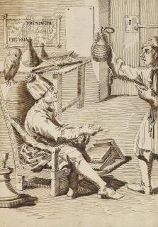 Pier Leone Ghezzi - Portrait of Baron Philipp von Stosch (1691-1757) in his study with a servant holding a flask